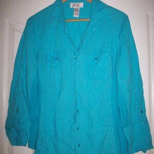 Cathy Daniels Womens XL Linen Blend V Neck Aqua Blue Side Panels Roll Tab Blouse